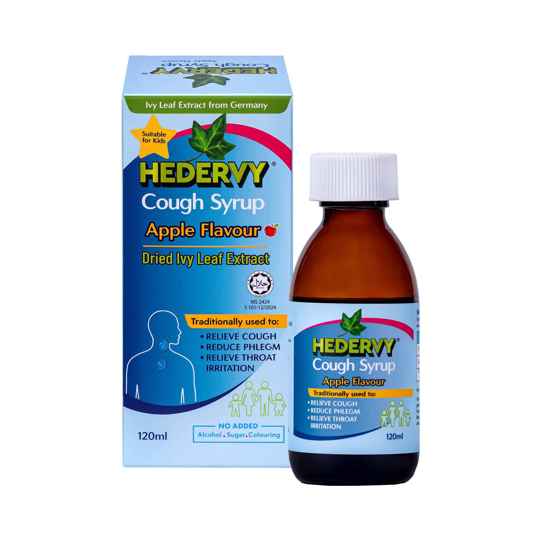 Hedervy Apple Flavour Cough Syrup packshot with ivy leaf extract