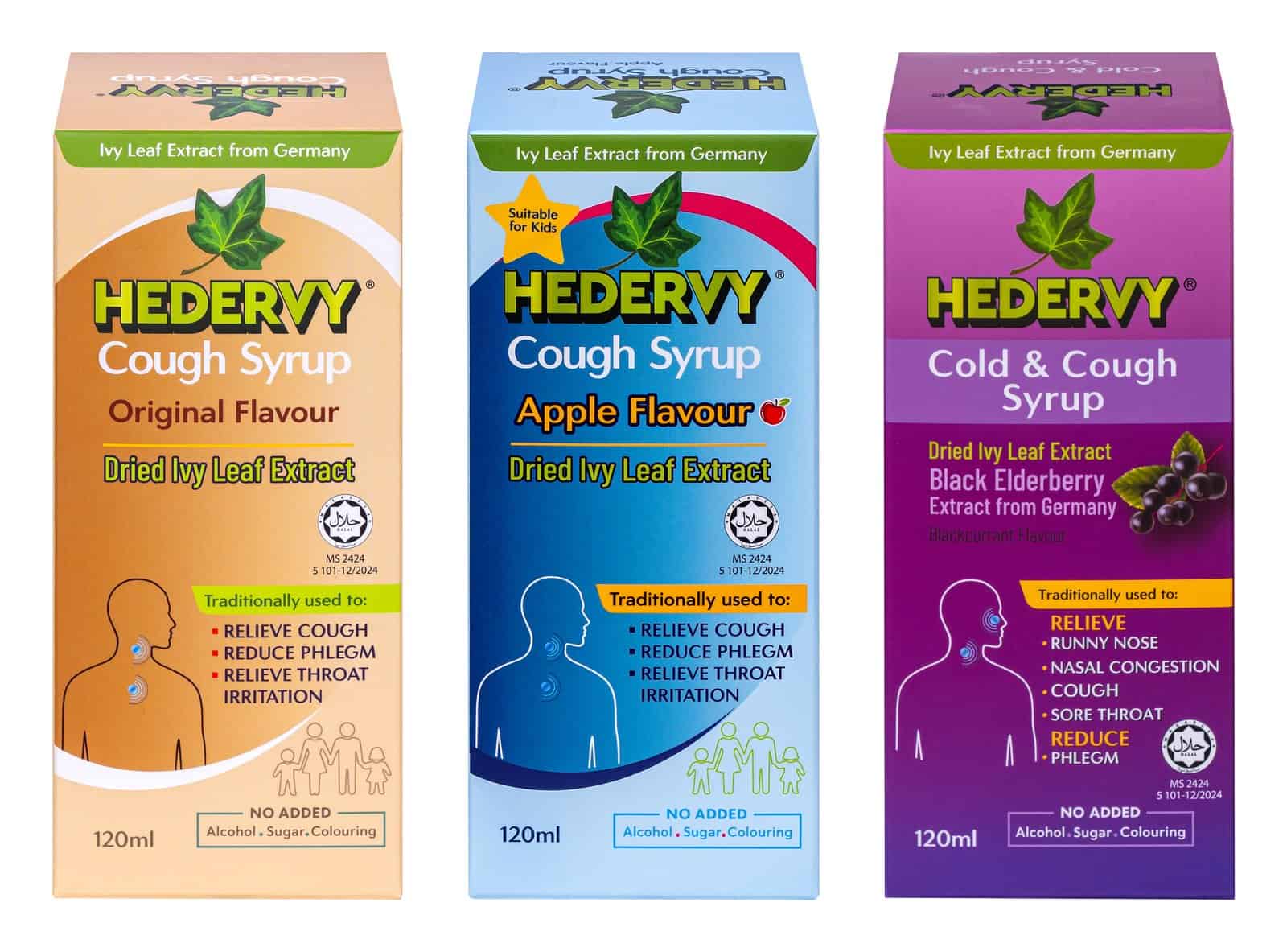 Hedervy cough syrup range — Original, Apple and Cold & Cough ivy leaf syrup variants