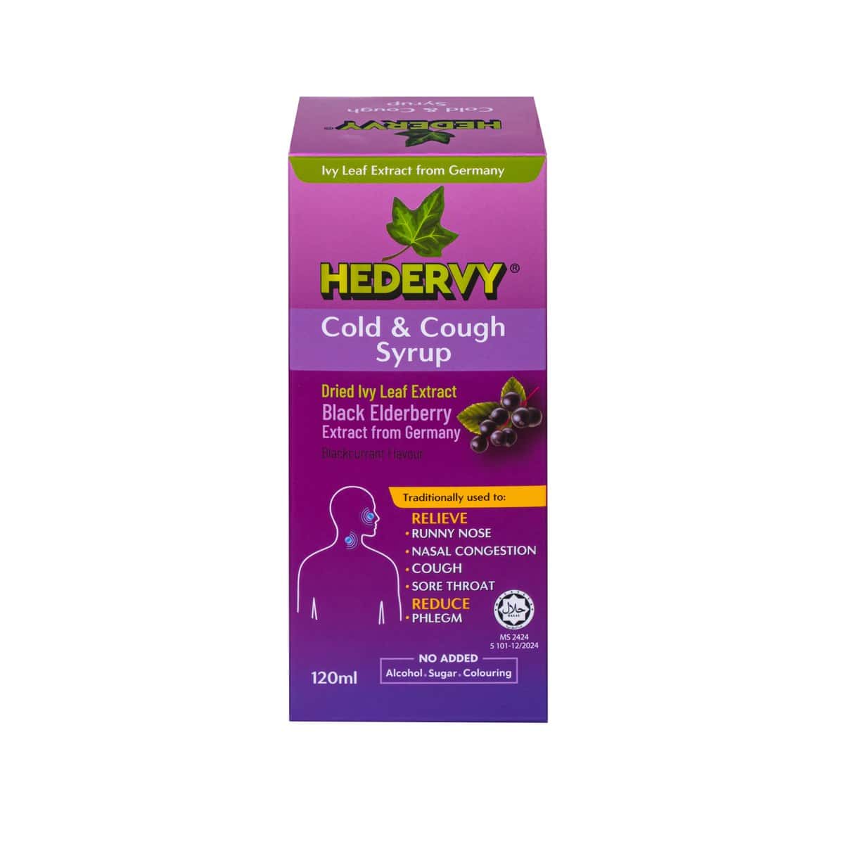 Hedervy Cold & Cough Syrup packshot with ivy leaf and Black Elderberry extracts